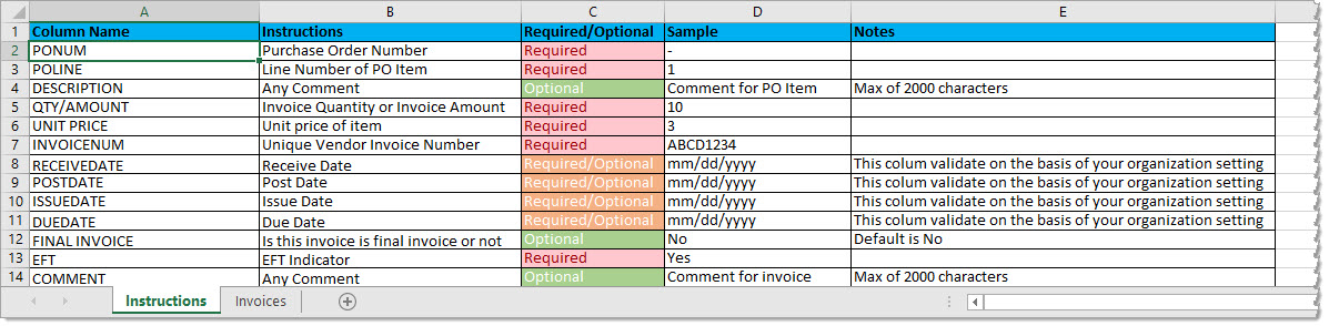 Invoice import instructions
