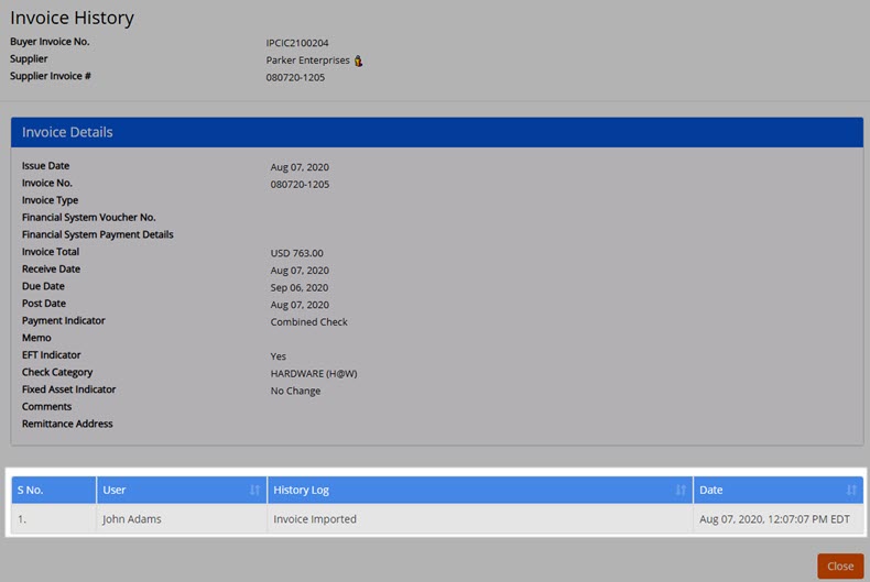 Invoice Import History