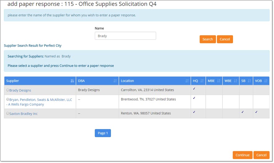 Search and Select Supplier to Add Paper Response For