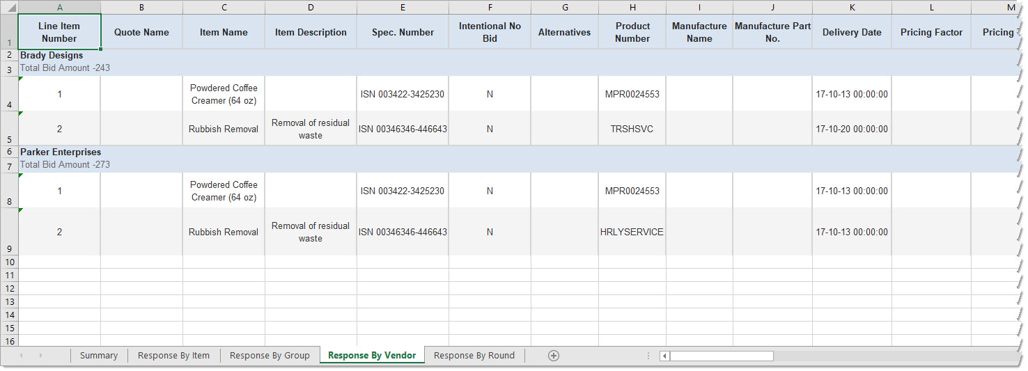 Export Bid Tab - Response by Vendor