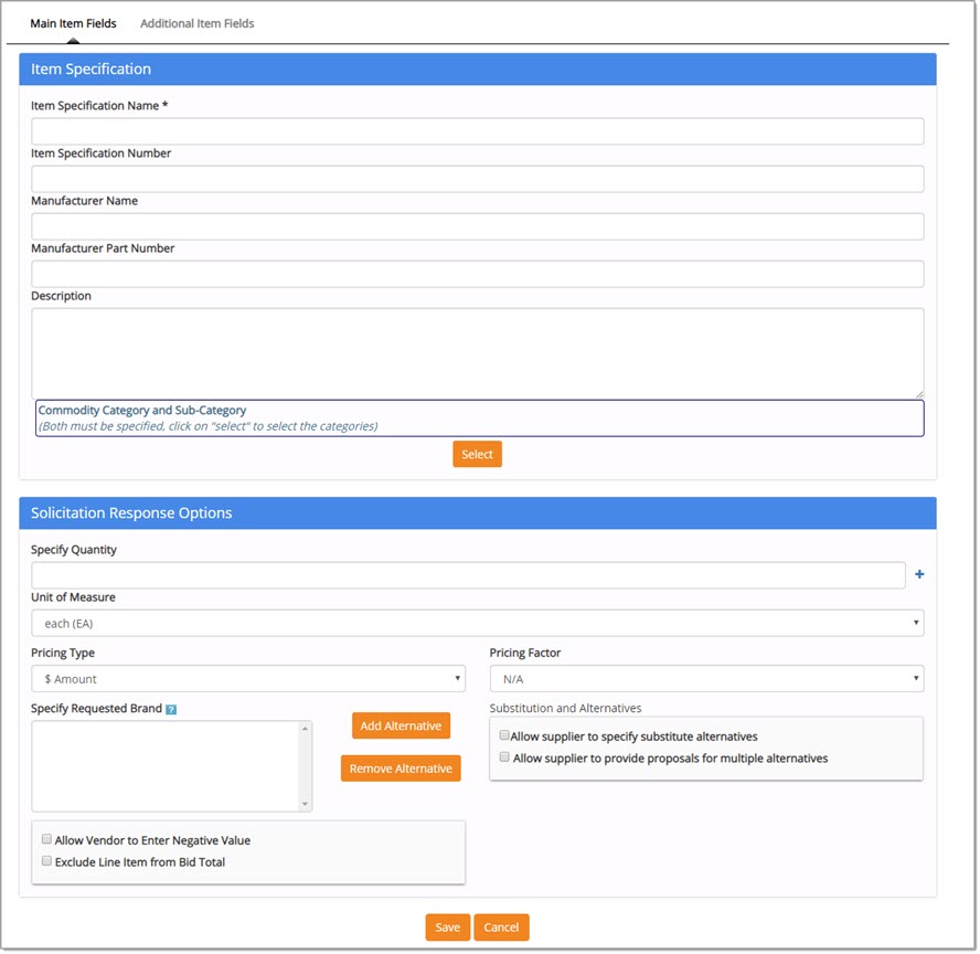 New Item Specification - Main Item Fields